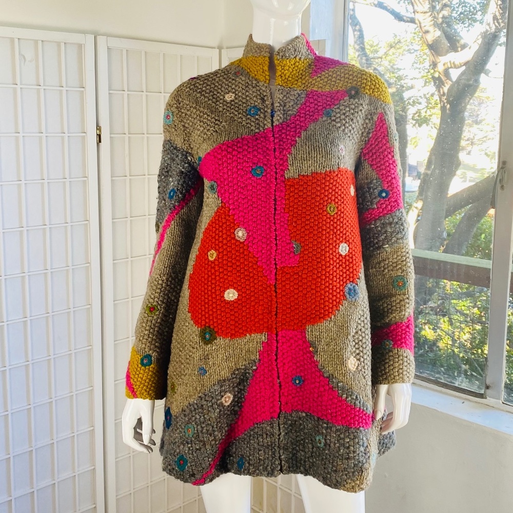 Vintage Womens Hand Knit Multicolor Lined Sweater Coat w/ Zipper, L.